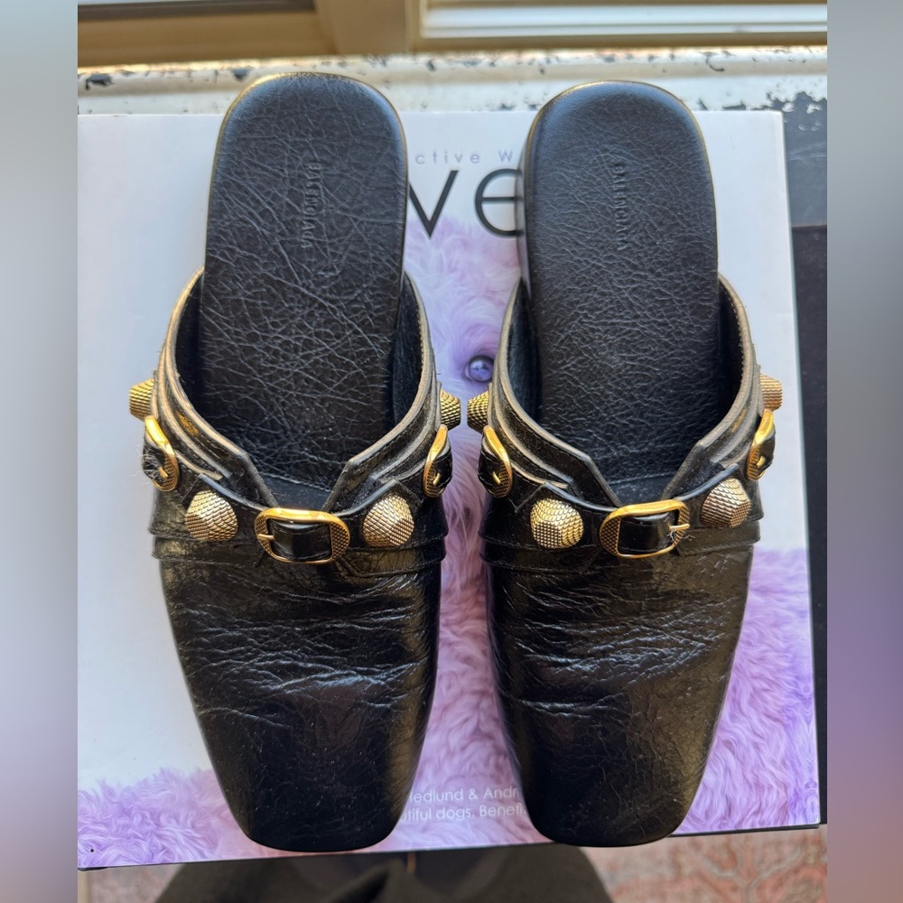 Balenciaga Black and Gold Slip-On Mules with Metallic Embellishments